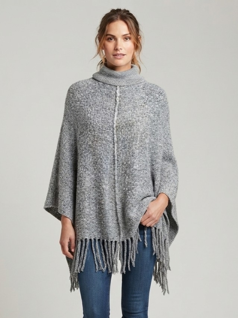 RW&CO. Gray Turtleneck Fringe Poncho Sweater Size XL